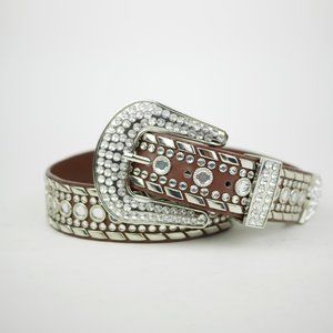 LUXURY DIVAS Women's M - Brown jeweled & studded leather belt silver buckle 1.5"